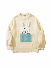Cartoon Knitted Rabbit Sweater With Pocket