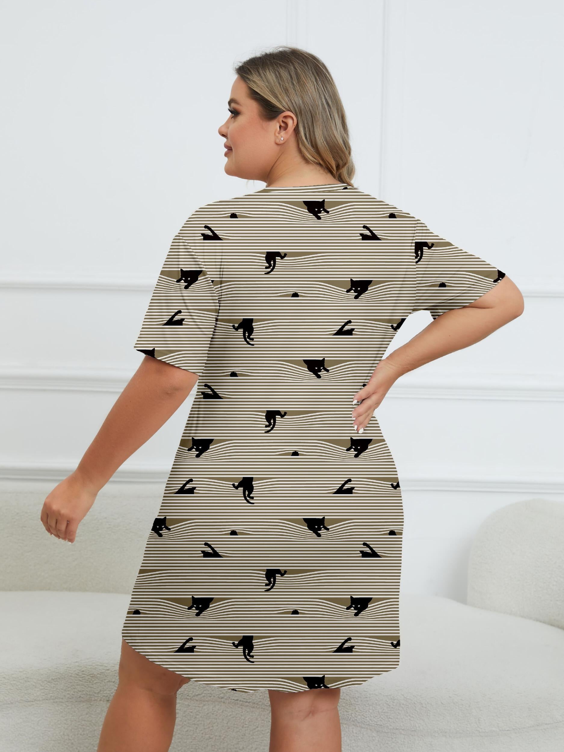  Cat & Stripe Print Tee Nightdress