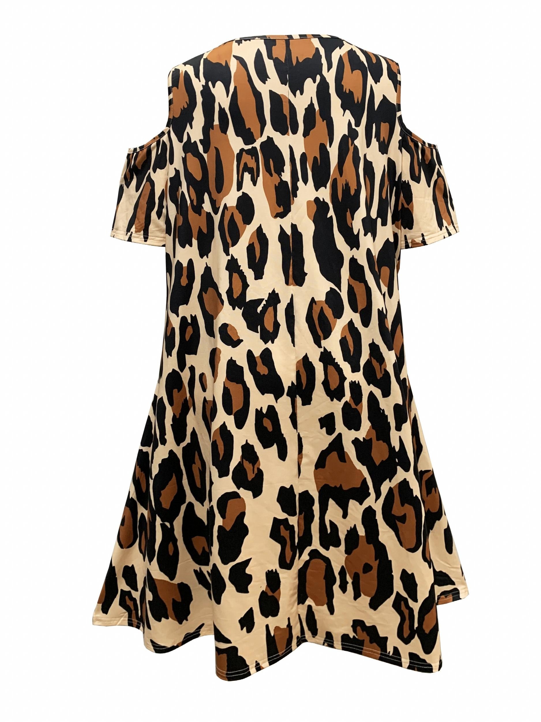  Leopard Print Lace V Neck Cold Shoulder Midi Dress