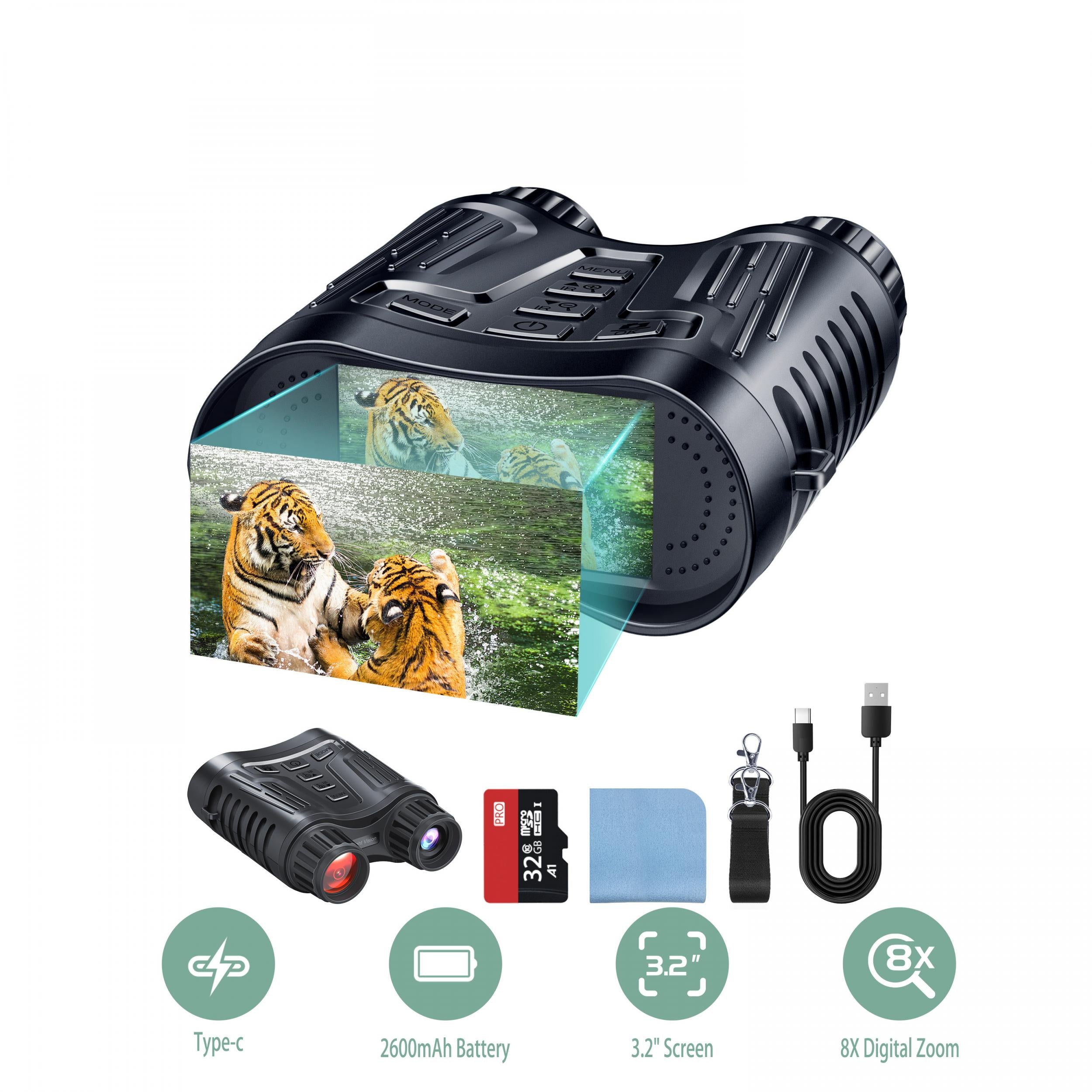 Night Vision Binoculars 8 HD Screen Can Save Photo & Video with 32GB Memory Card