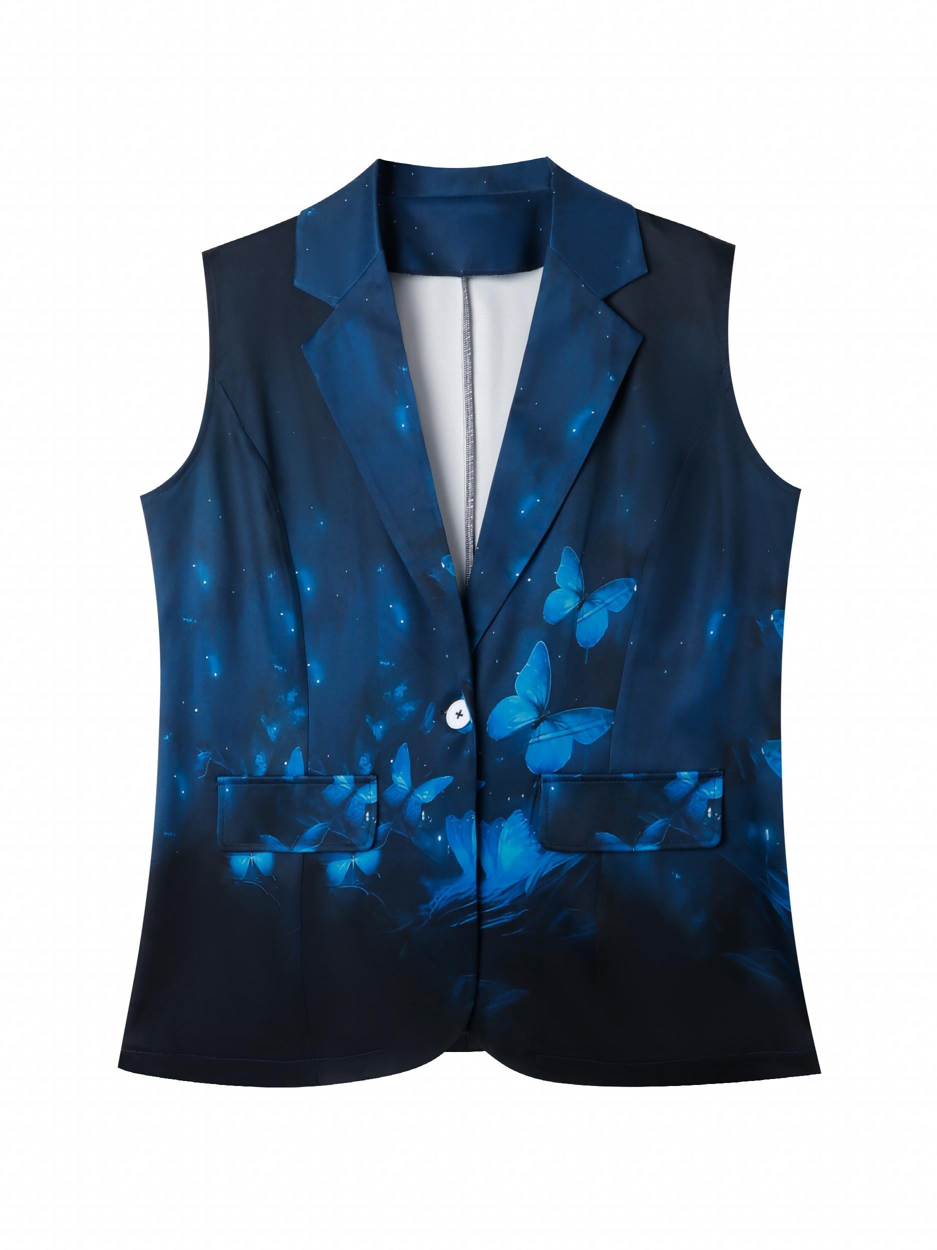  Butterfly Print Button Blazer Vest