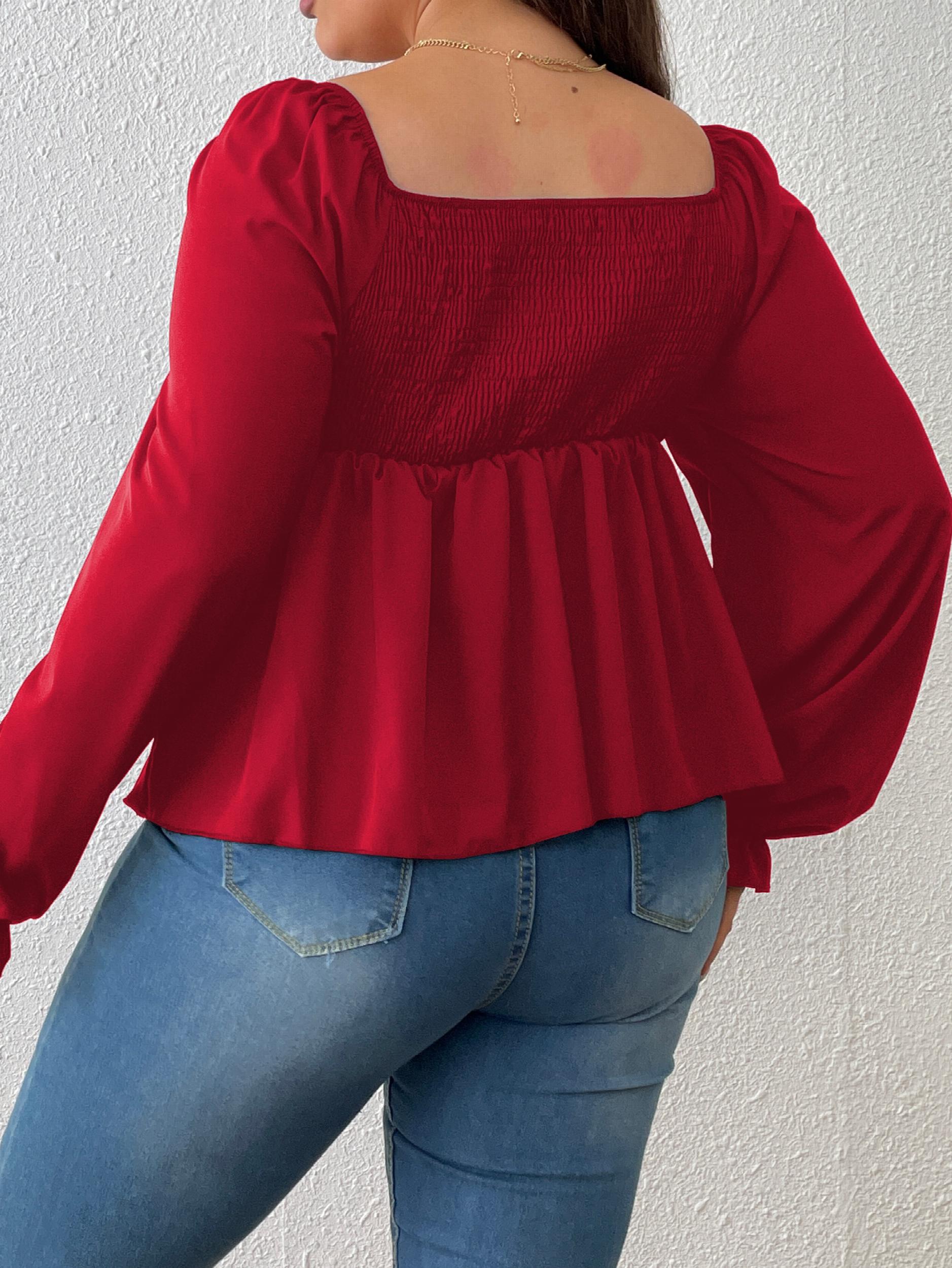  Lantern Sleeve Sweetheart Neck Peplum Top