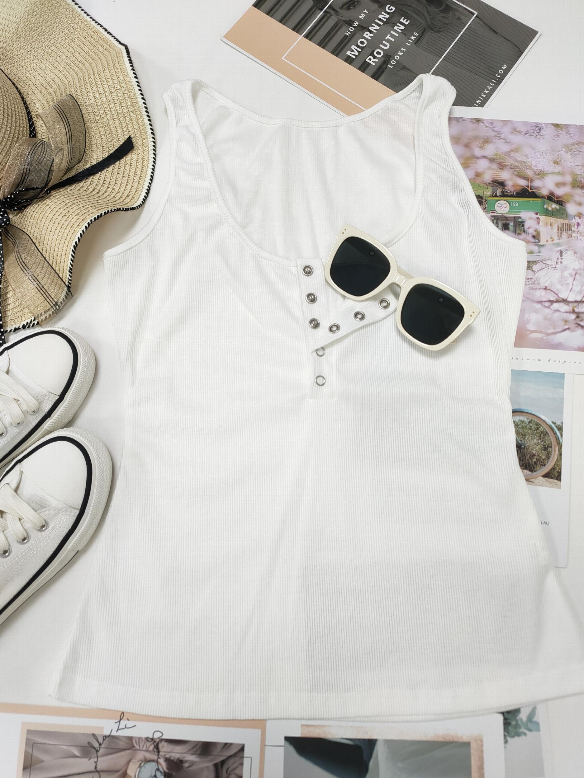  Ribbed Button Up Scoop Neck Tank Top