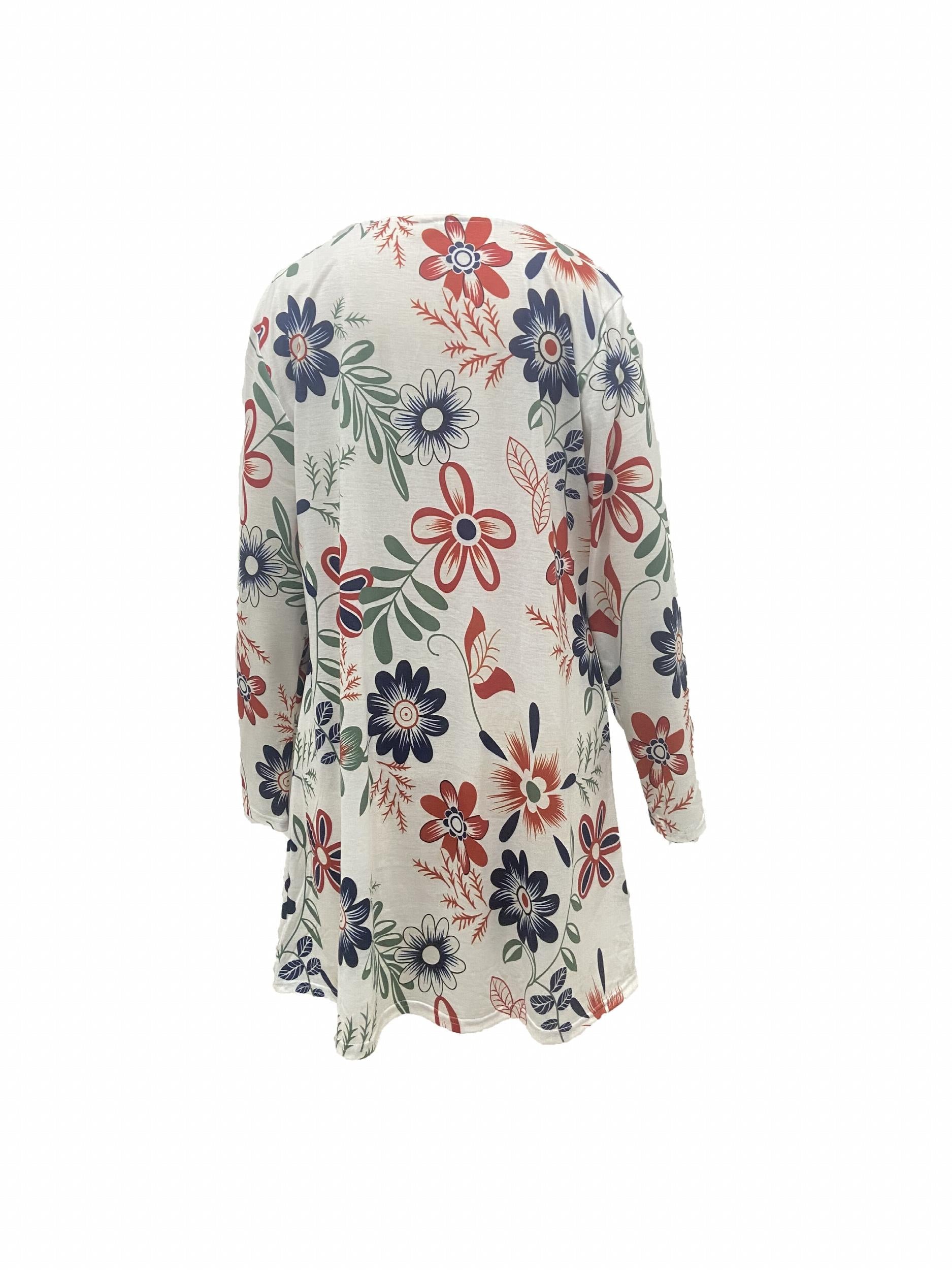  Floral Print Long Sleeve Round Neck Stretch Dress
