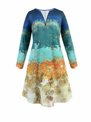 Women's Plus Painting Print Long Sleeve Round Neck Zip Dress