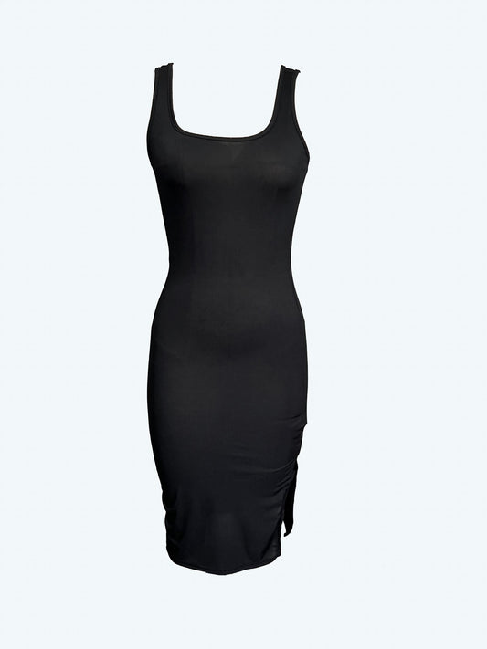 Solid Split Tank Dress Sexy Squared Neck Sleeveless Dress