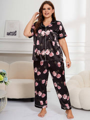  Floral Print Satin Pajamas Set Short Sleeve Shirt & Pants Home Wear