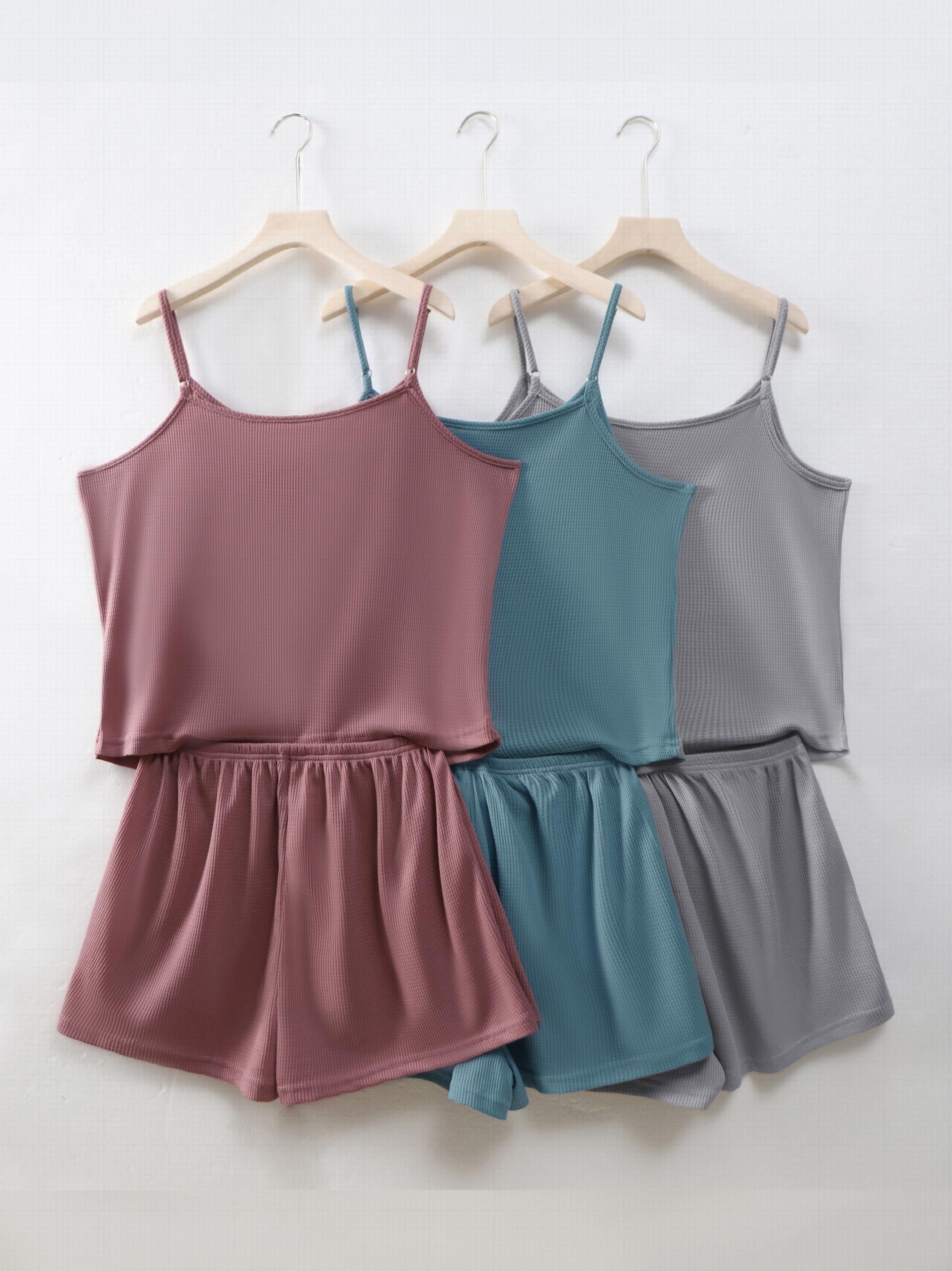  Waffle Knit Cami Top & Bow Knot Shorts Pajama Set