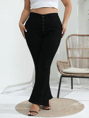  Solid Button Up Flared Leg High Waisted Stretch Jeans