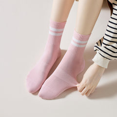 5 Pairs Stripe Print Ribbed Socks Soft Mid Tube Women's Stockings