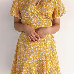 Floral Print Wrap Dress Short Sleeve V Neck Vacation Dress
