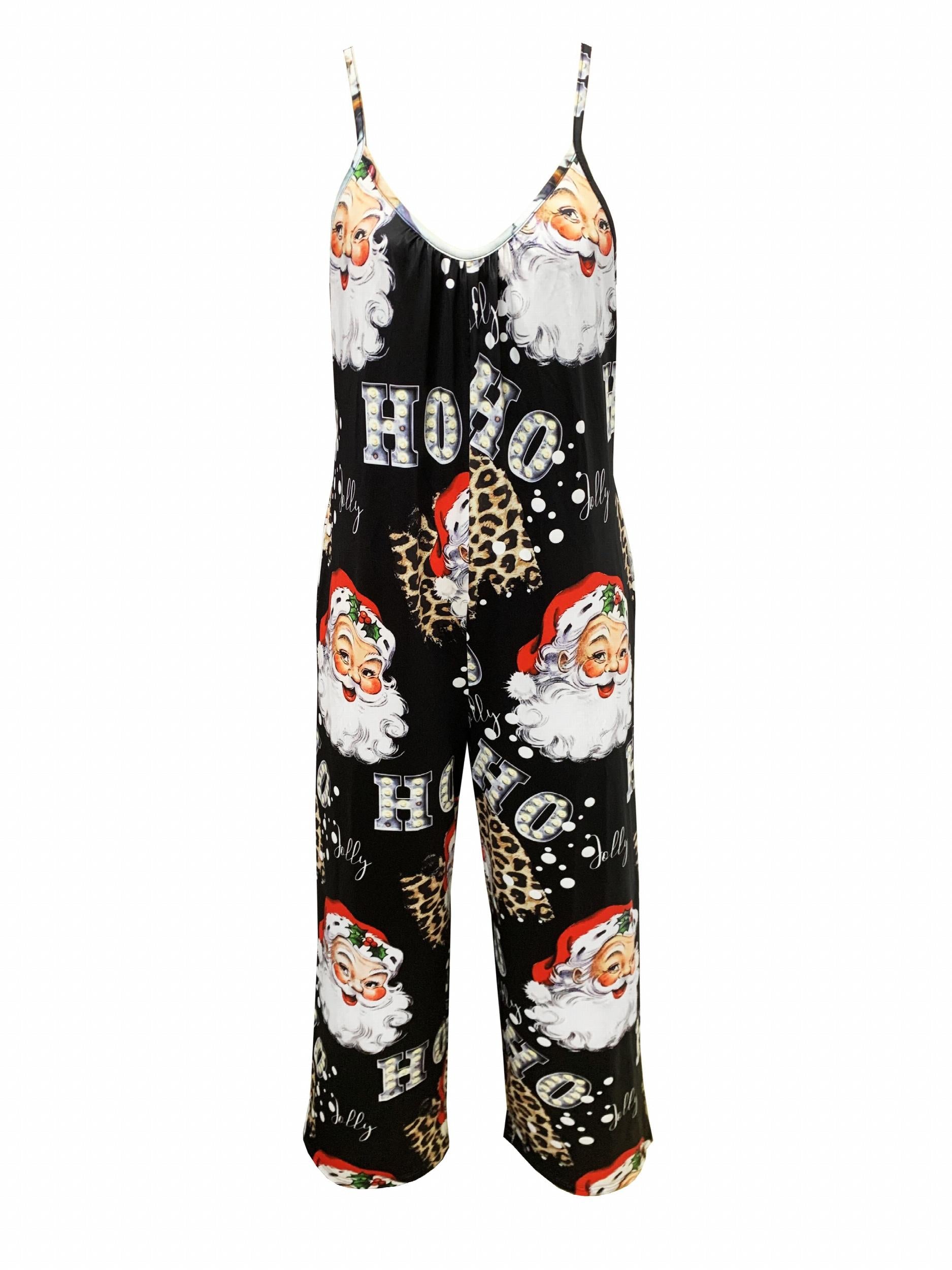  Christmas Casual Jumpsuit Women's Plus Leopard & Letter Print