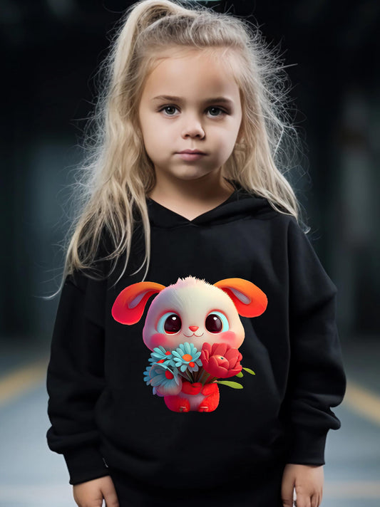Girls Rabbit Pattern Hooded Sweatshirt and Sweatpants Set