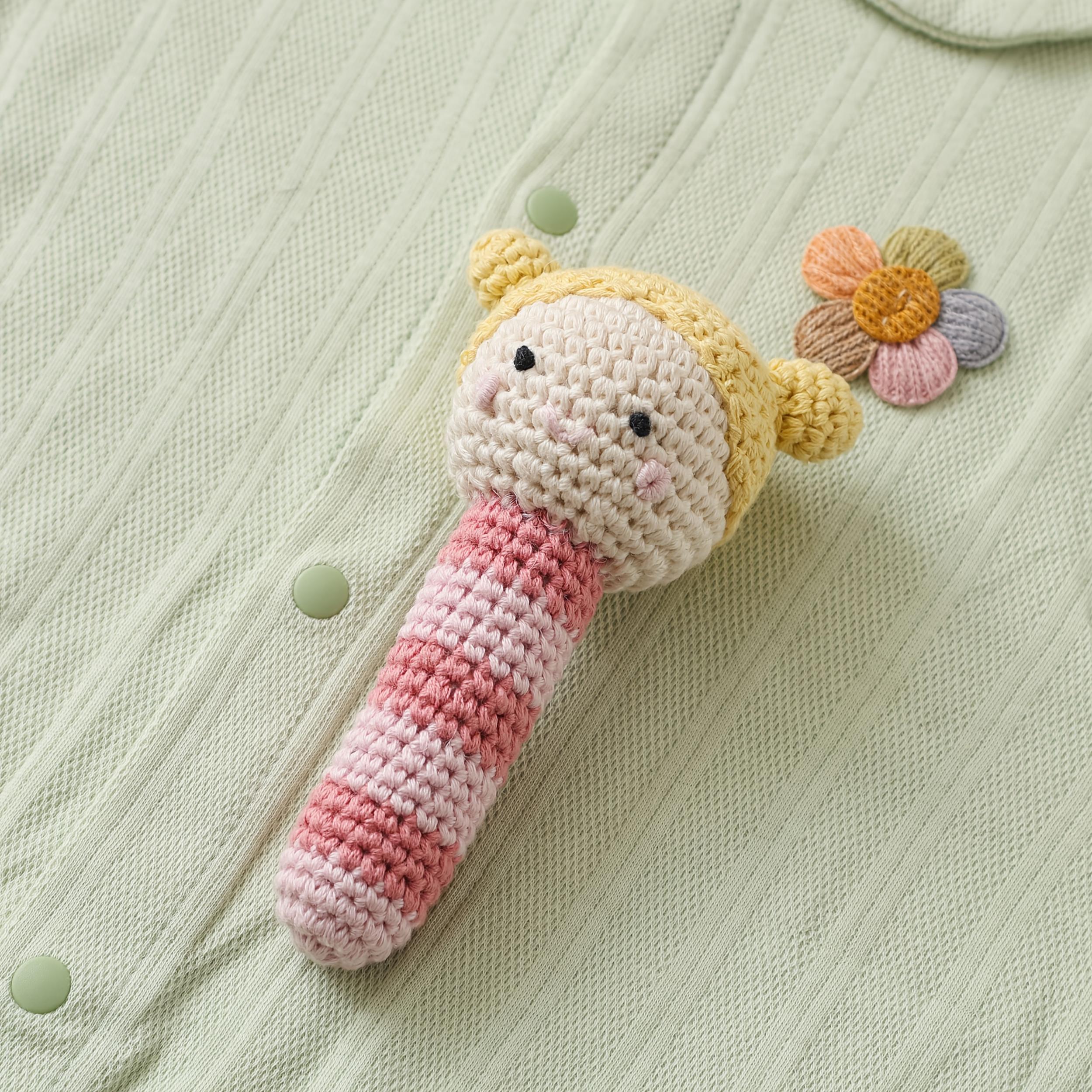 Crochet Rattle Baby Teether Toy Knitted Doll with Built in Bell 3D Rich Details