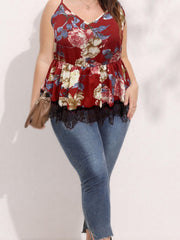  Women's Floral Print Lace Trim V Neck Pleated Cami Top