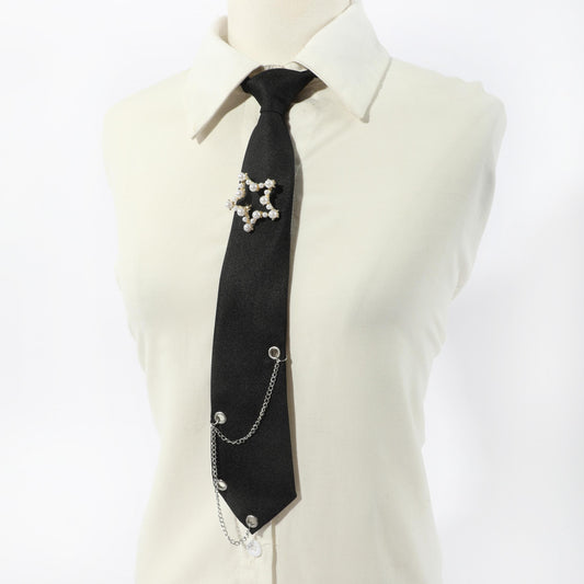 Faux Pearl Pentagram Decor Tie Solid Chain Tassel Neck Tie