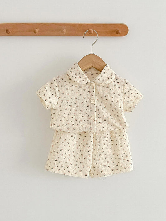 2pcs Toddler Girl Doll Collar Floral Top Shorts Set