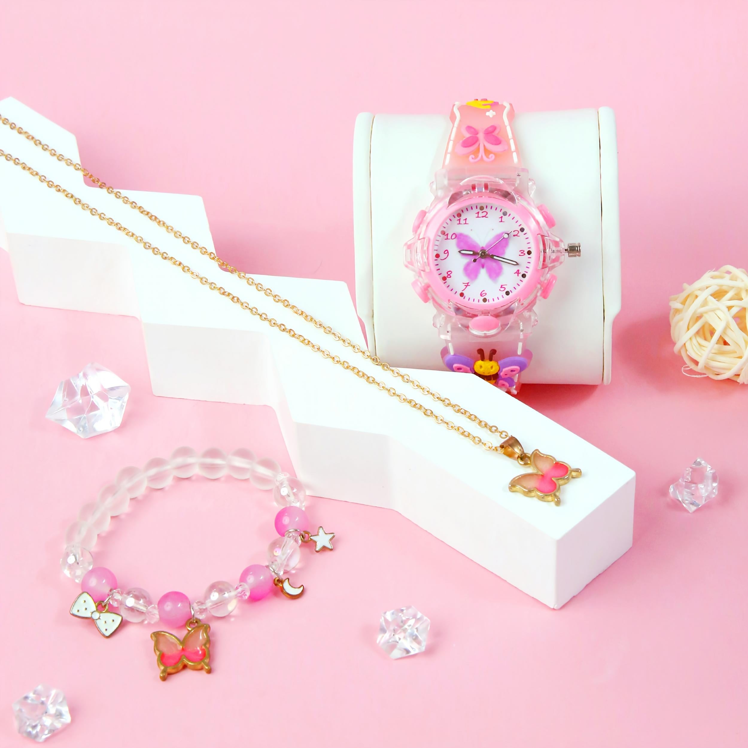 Girls' Glowing LED Watch Set with 3D Silicone Strap & Necklace