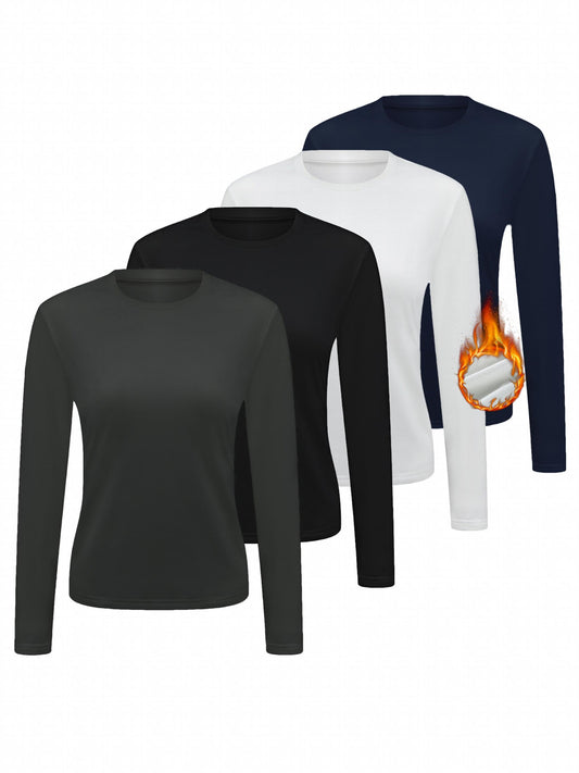 4pcs Long Sleeve Round Neck Warm T Shirt Solid Base Layer Top