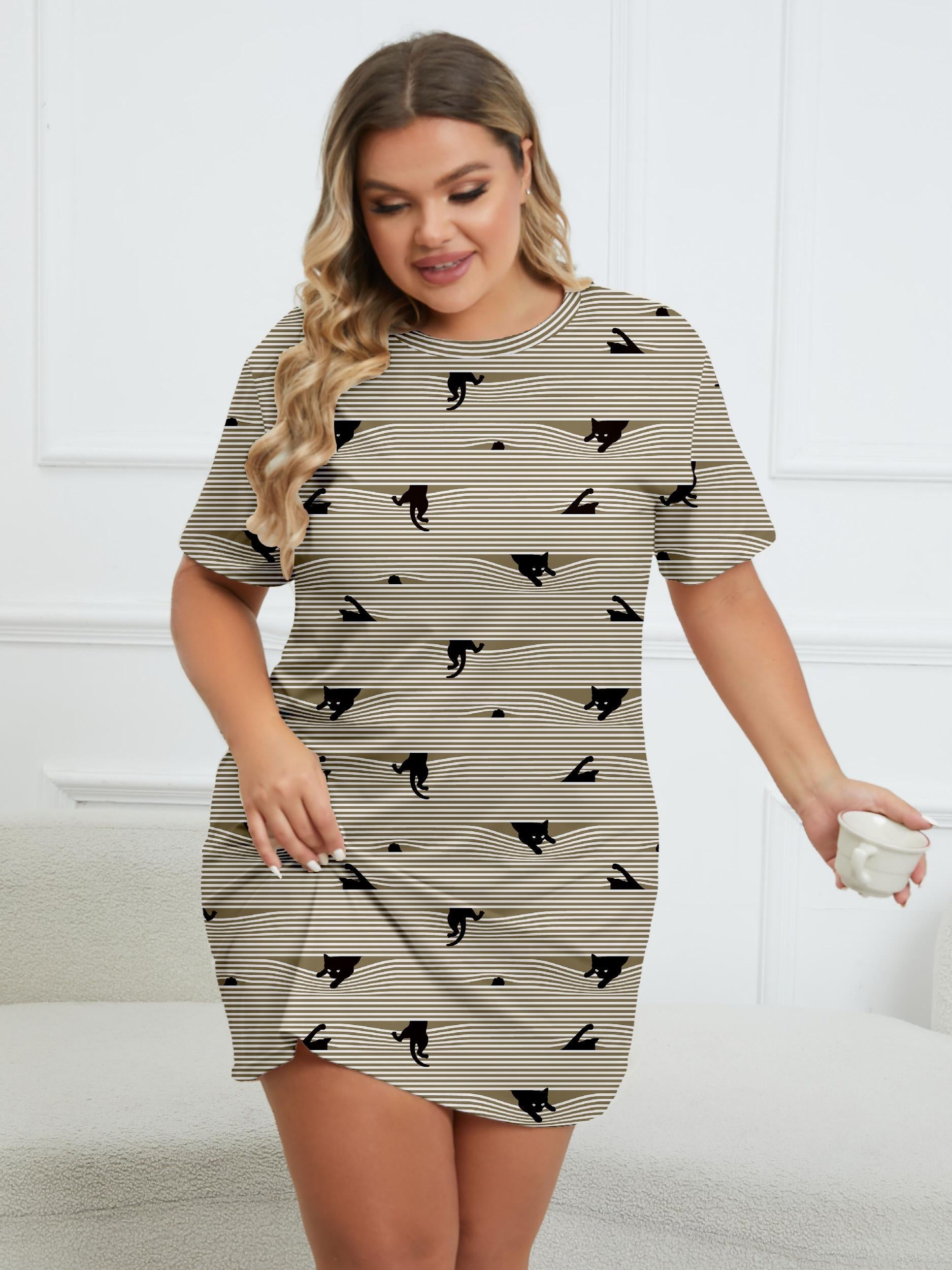  Cat & Stripe Print Tee Nightdress