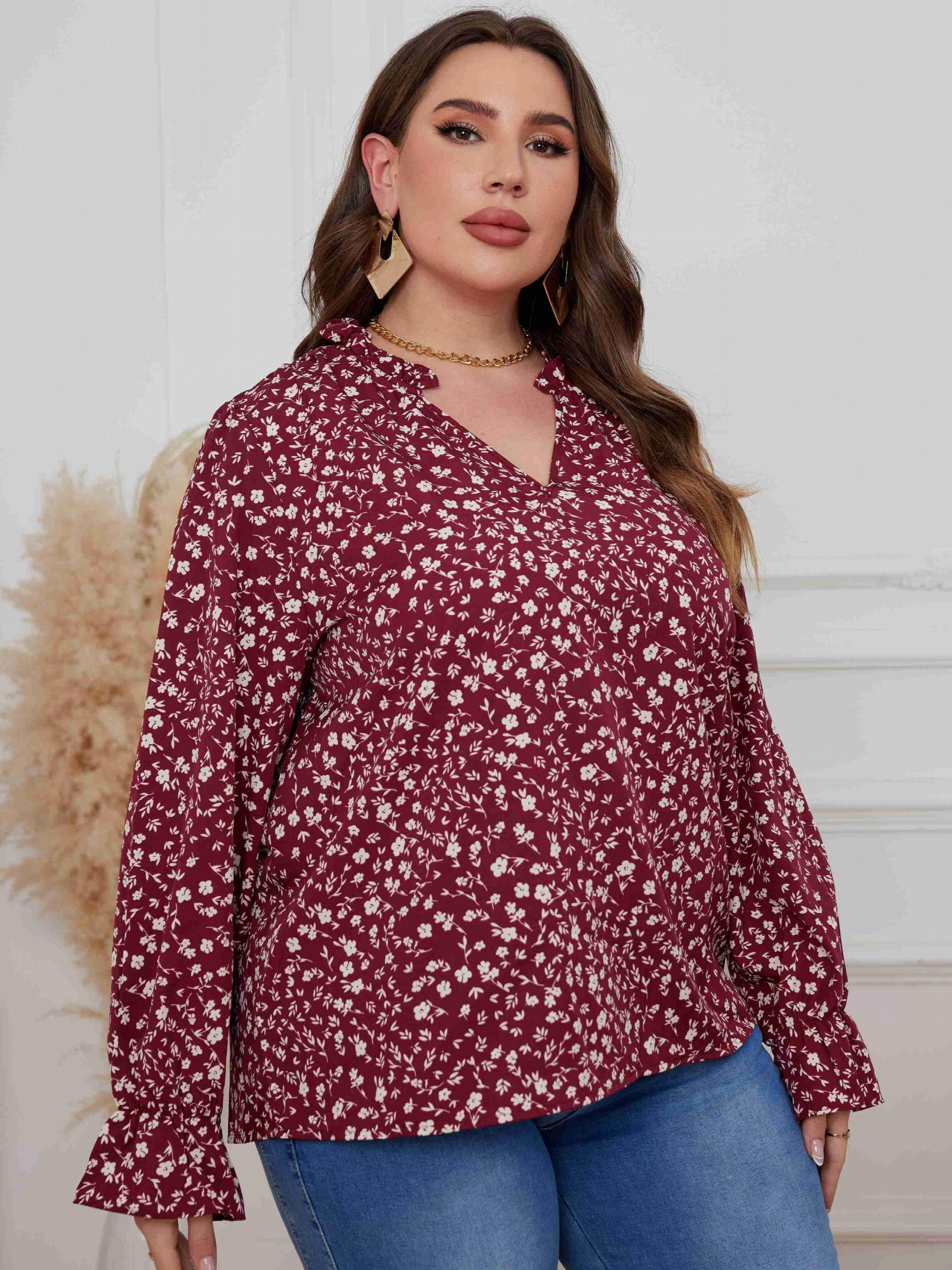  Casual Blouse Women's Plus Ditsy Print Lantern Sleeve V Neck Top