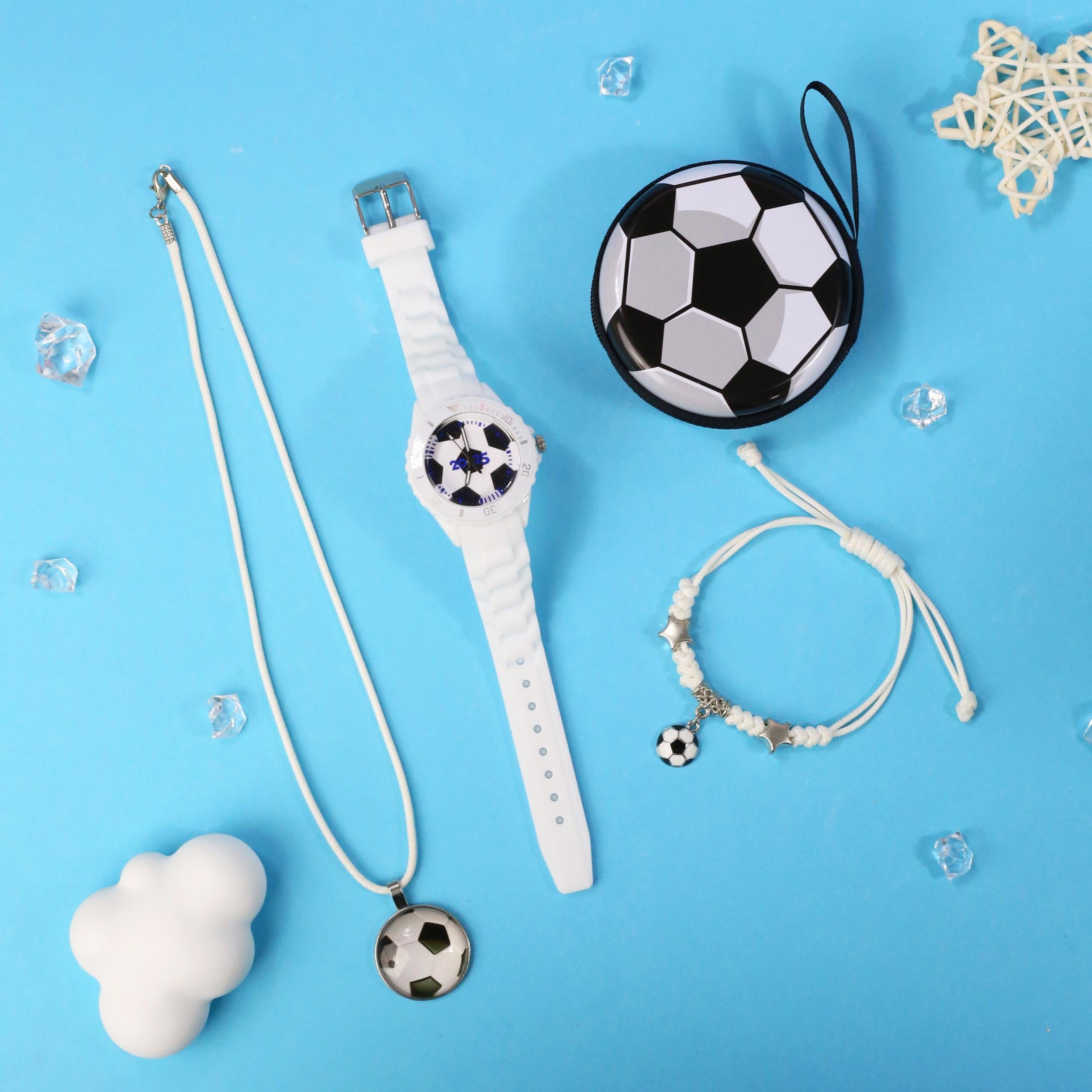 4pcs Football Themed Quartz Watch Set Soccer Necklace Coin Wallet