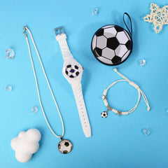 4pcs Football Themed Quartz Watch Set Soccer Necklace Coin Wallet