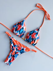 Tropical Print Bikini Set Halter V Neck High Cut Thong 2 Piece Swimwear
