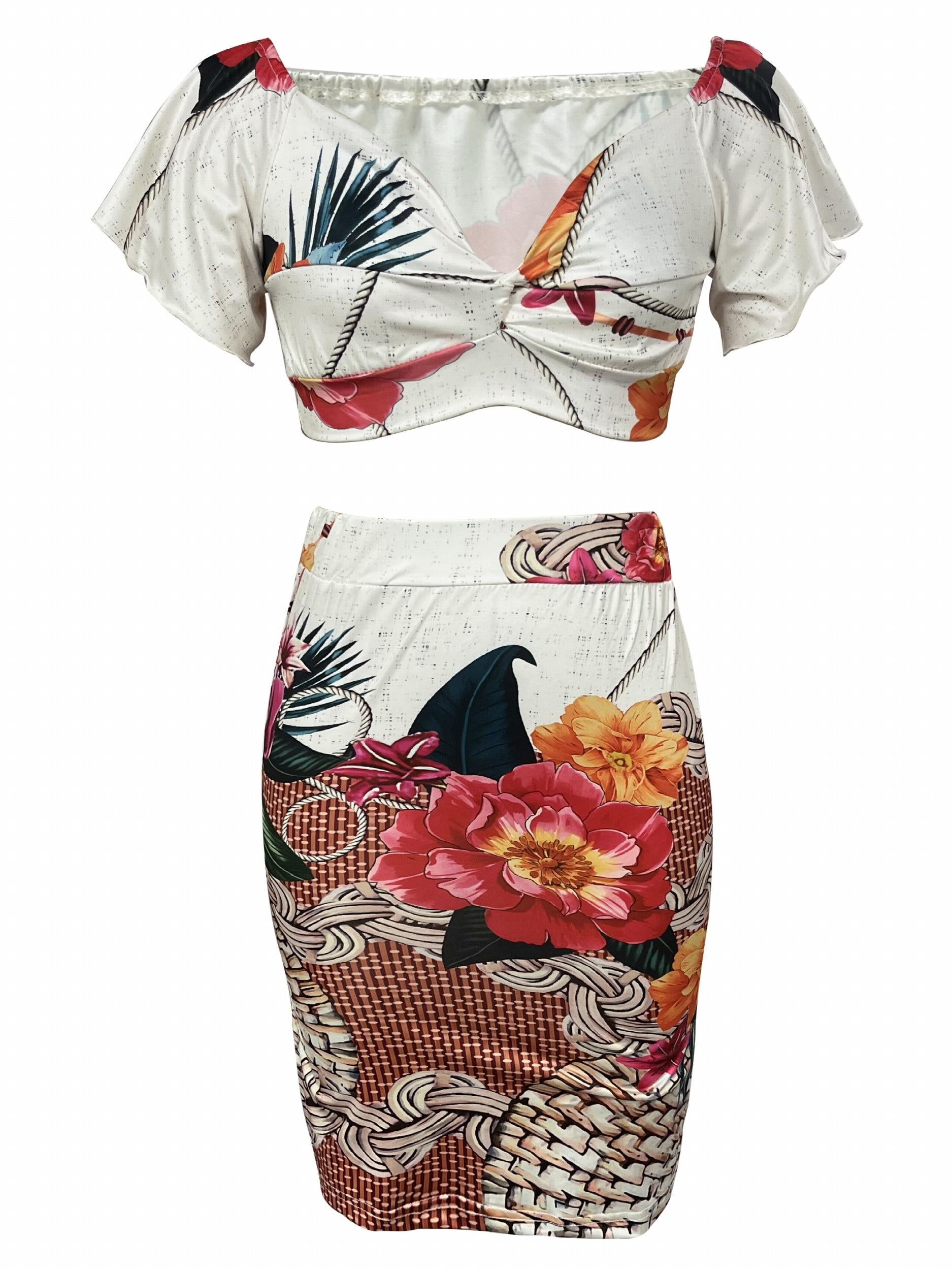 Floral Print Two piece Skirt Set Crop Sweetheart Neck Top & High Waist