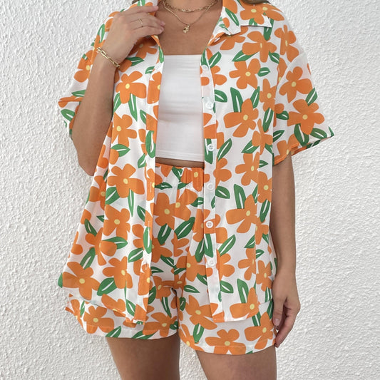  Floral Print Blouse & Shorts Set