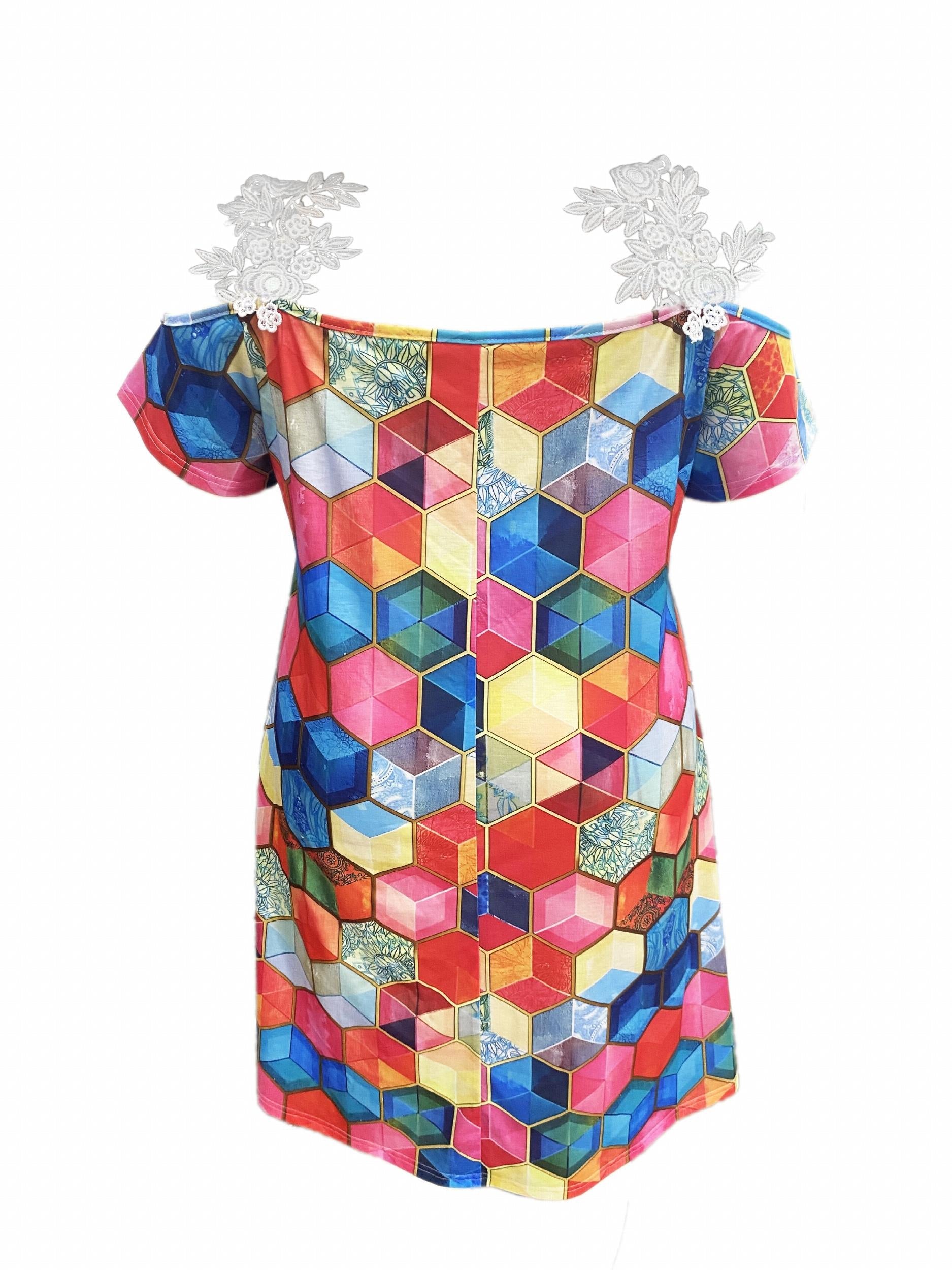  Colorblock Geometric Print Contrast Lace Panel V Neck Dress
