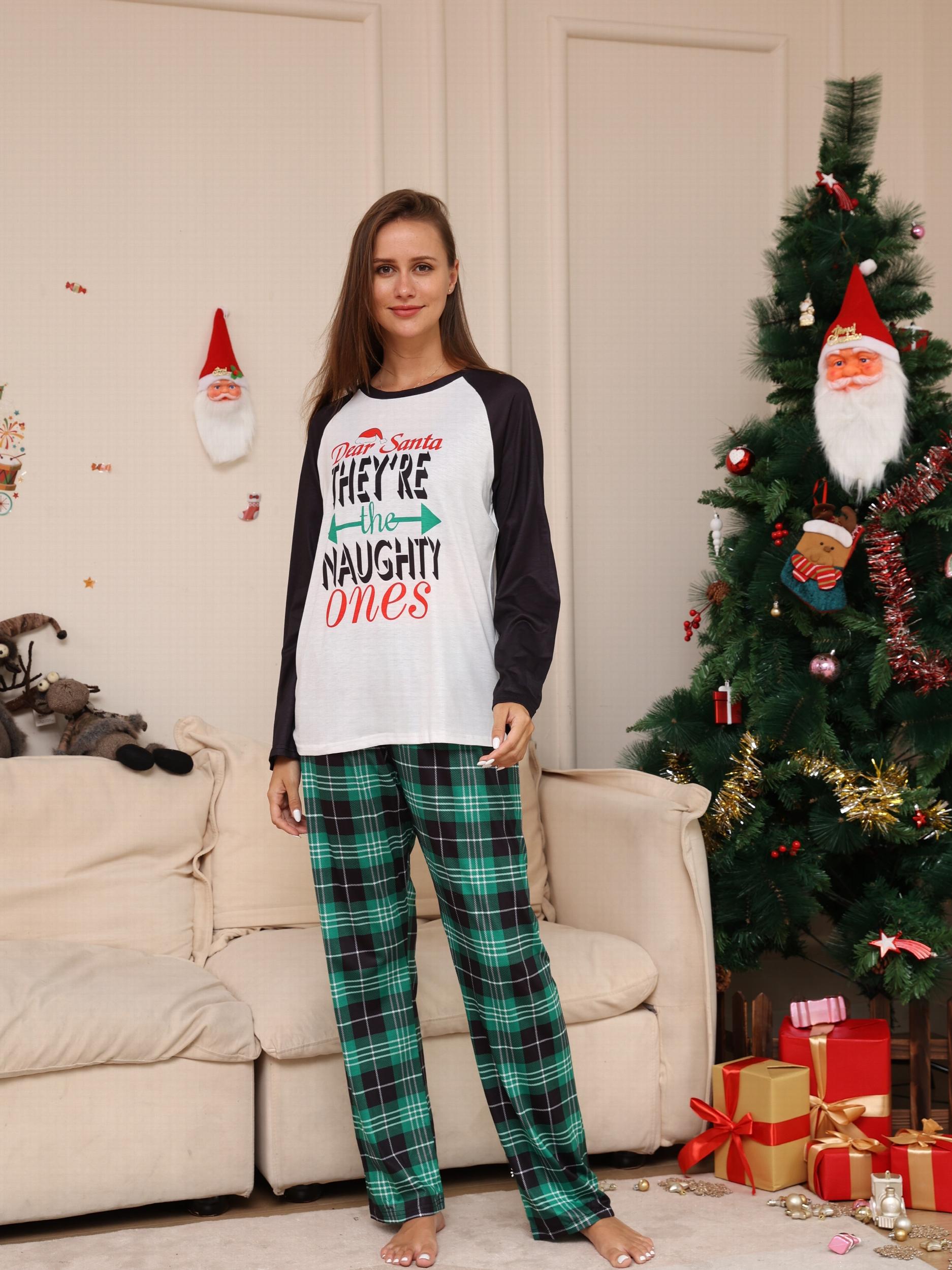 Christmas Pajama Set Long Sleeve Top Plaid Pants Women's Sleepwear
