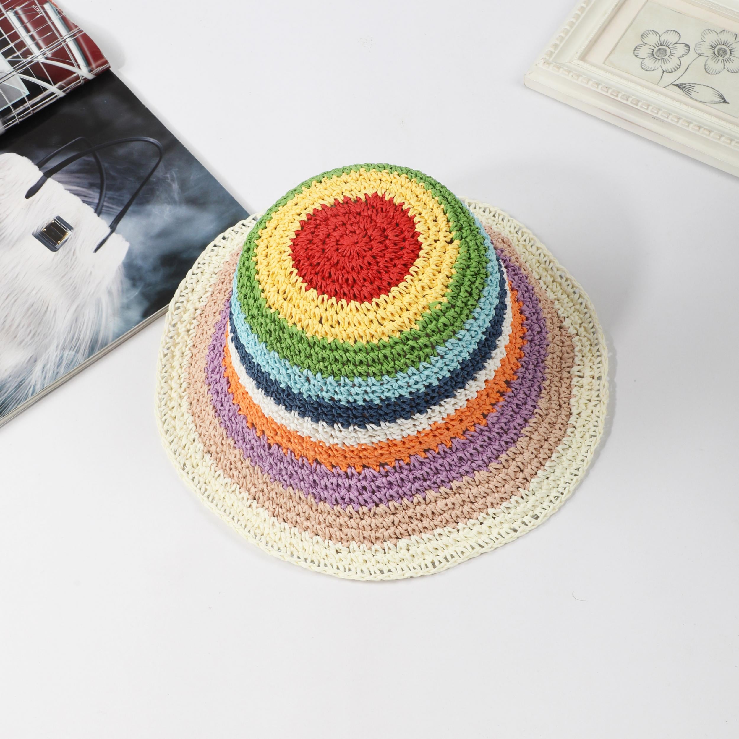 Rainbow Stripe Crochet Bucket Hat Breathable Foldable Straw Sun Hats