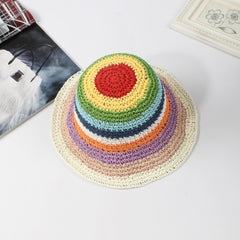 Rainbow Stripe Crochet Bucket Hat Breathable Foldable Straw Sun Hats