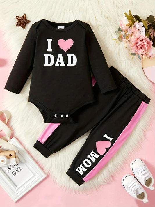 Baby Girl Love Dad Love Mom Letter Print Romper Top Pants 2pcs Set