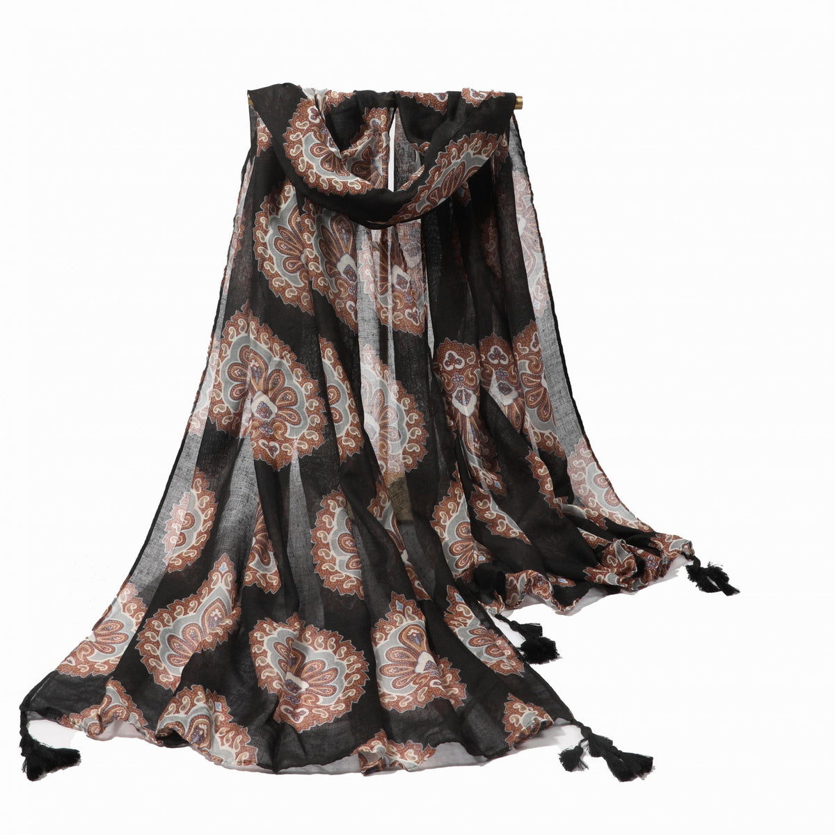 Boho Flower Print Scarf Vintage Tassel Shawl