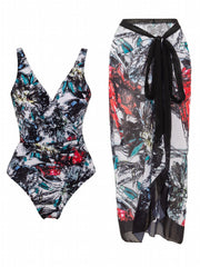 Tropical Print Two Pieces Swimsuit High Cut With Cover Up Wrap Swimsuit