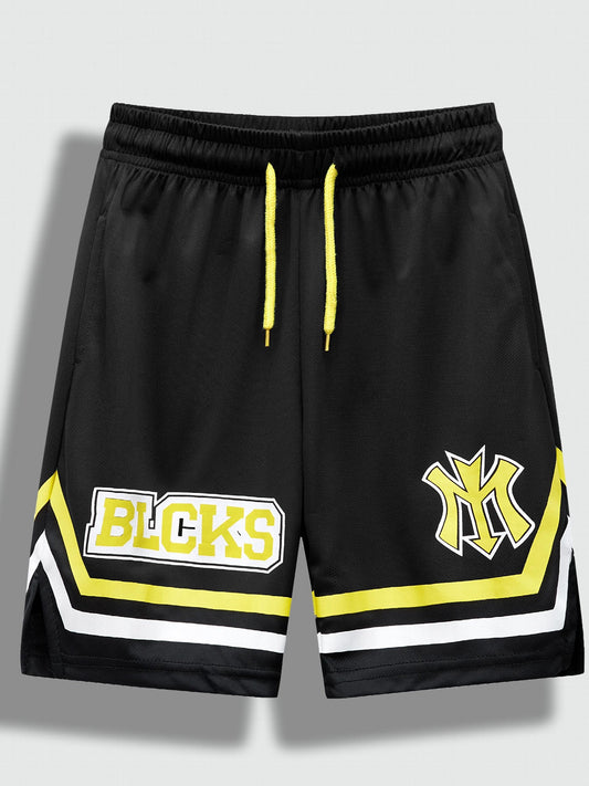 Letter Print Boys Active Shorts Quick-dry Drawstring Sports Shorts
