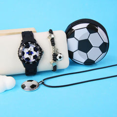 4pcs Football Themed Quartz Watch Set Soccer Necklace Coin Wallet