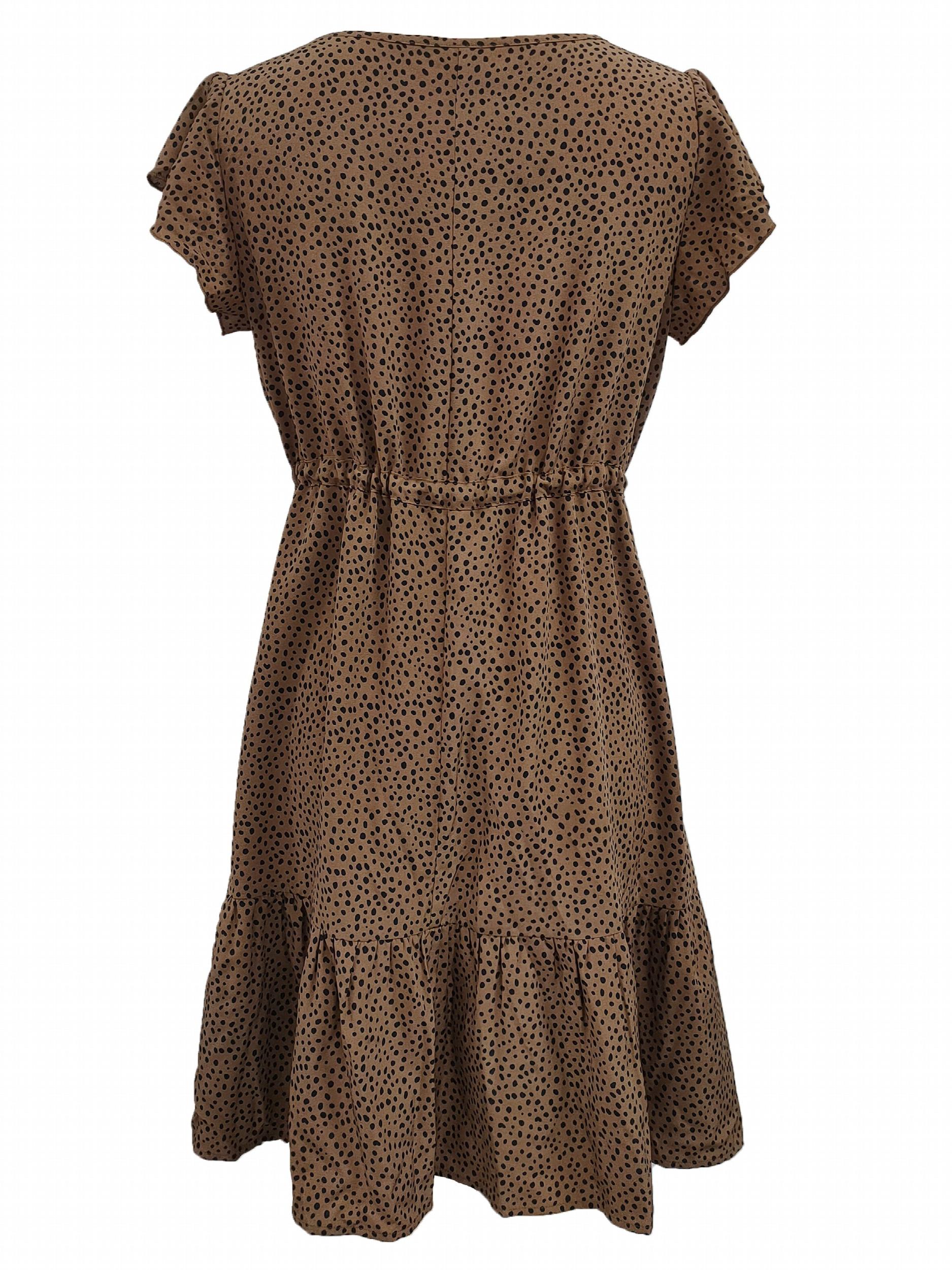 Leopard Print Ruffle Sleeve Dress Casual Crew Neck Slim Waist Drawstring Dress