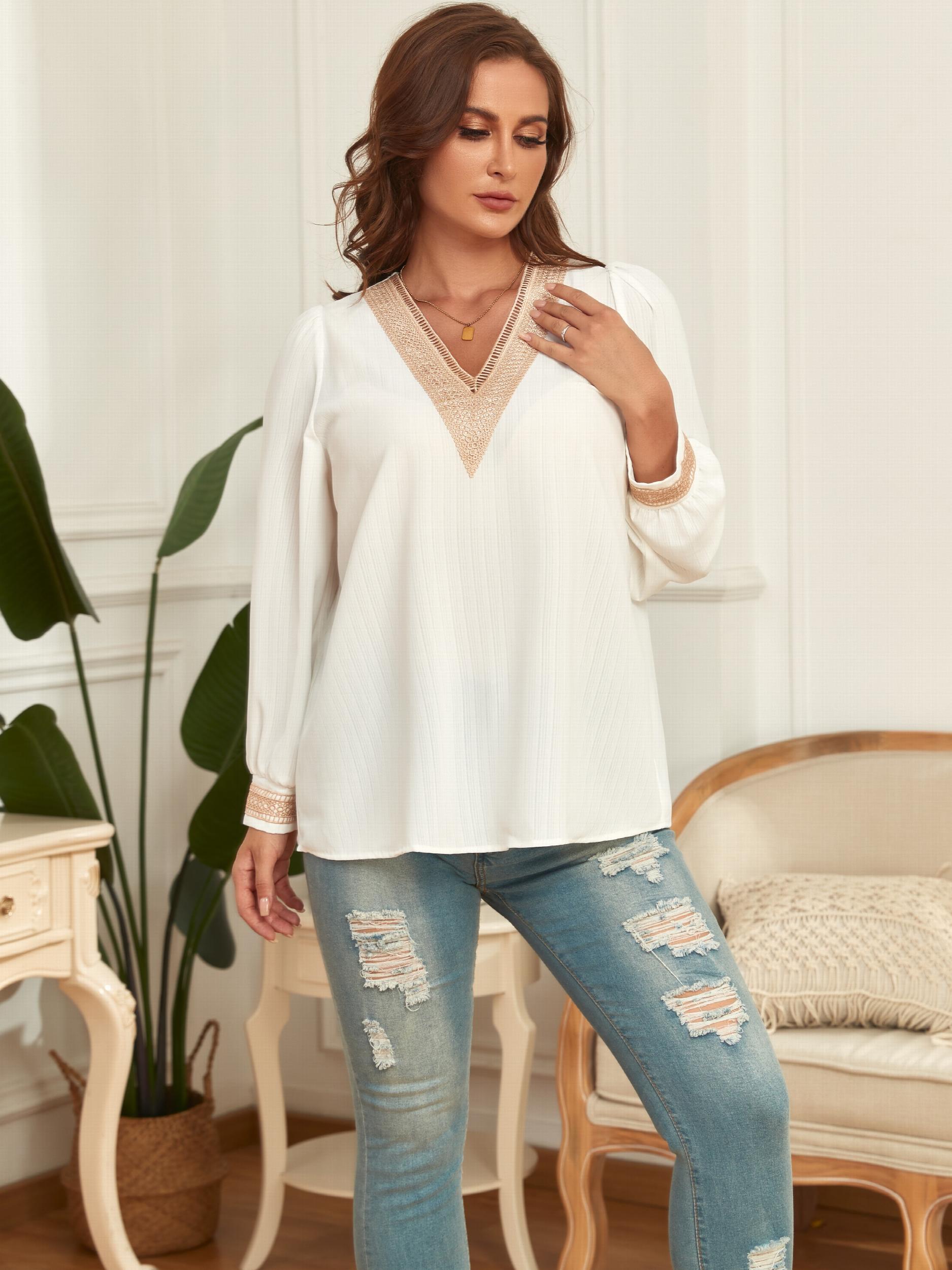 Women's Plus Size Lace V Neck Long Sleeve Blouse