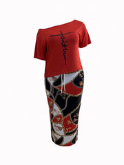  Women's Letter & Chain Print Top & Skirt Set