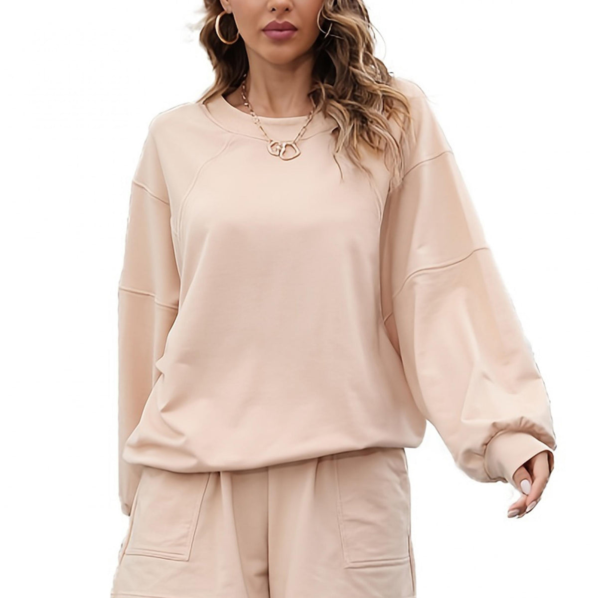 Solid Crew Neck Sweatshirt & Shorts Set for Women