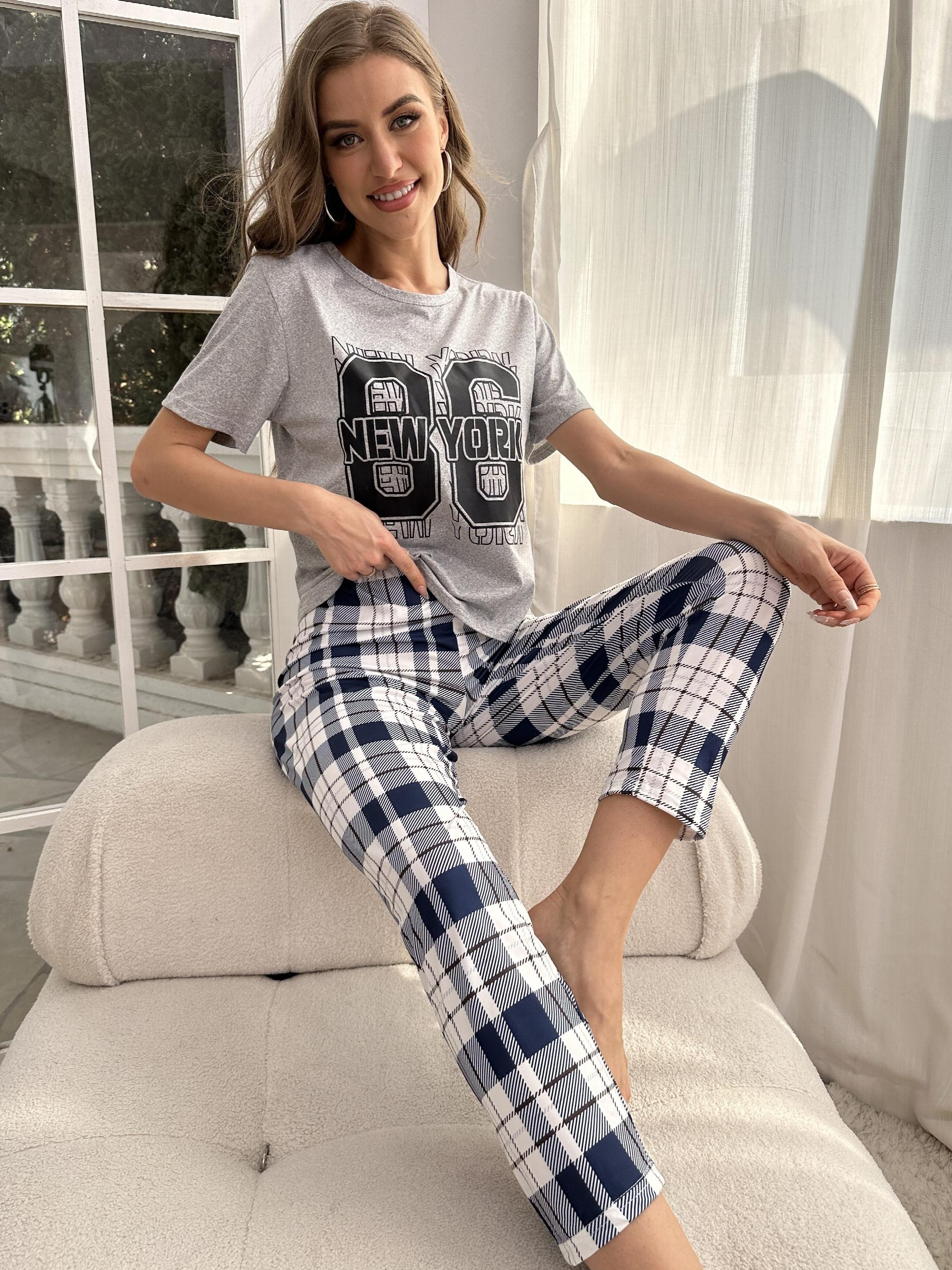 Pattern Pajama Set Short Sleeve Top & Check Print Long Pants Women's Loungewear