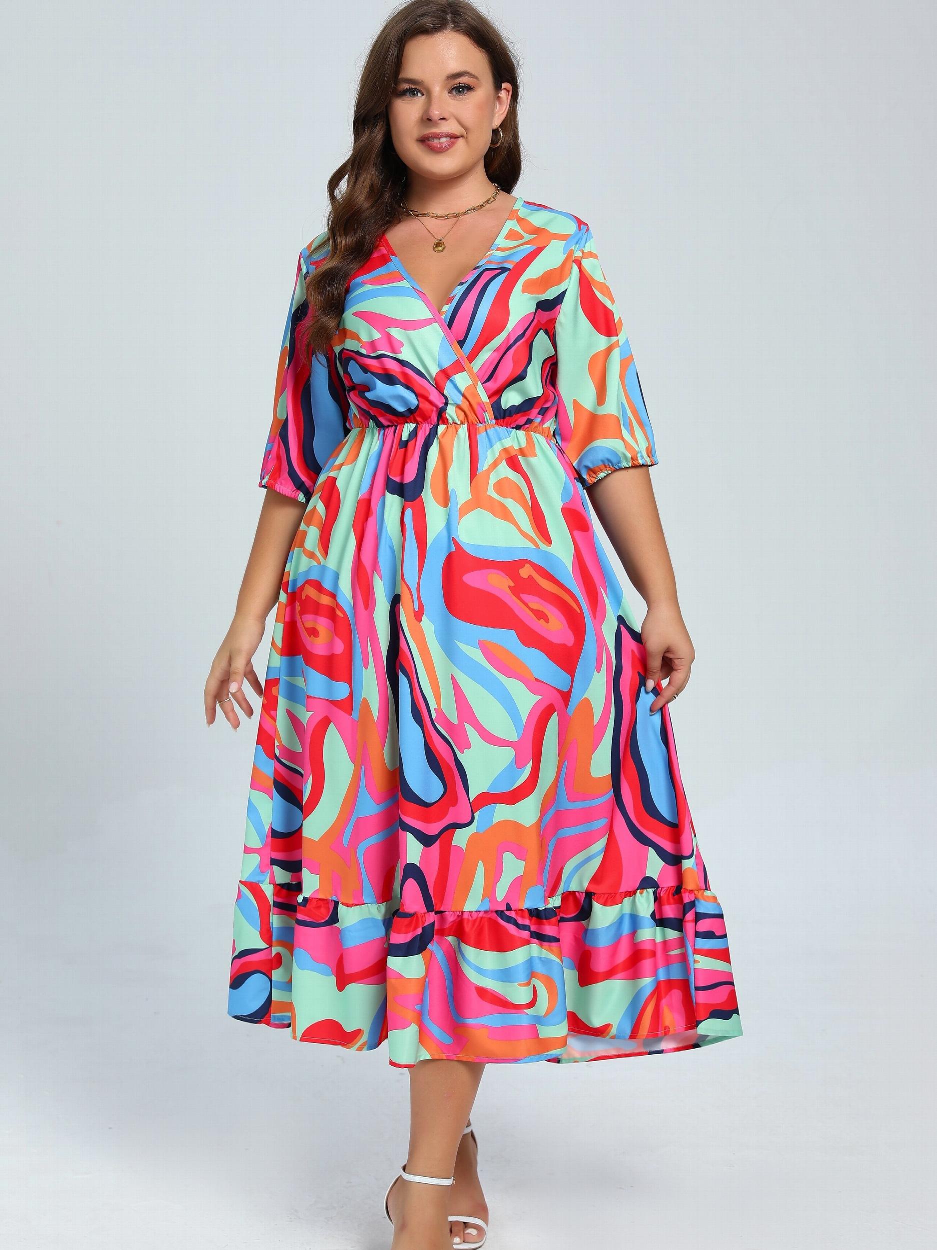 Abstract Print Maxi Dress with Ruffle Trim