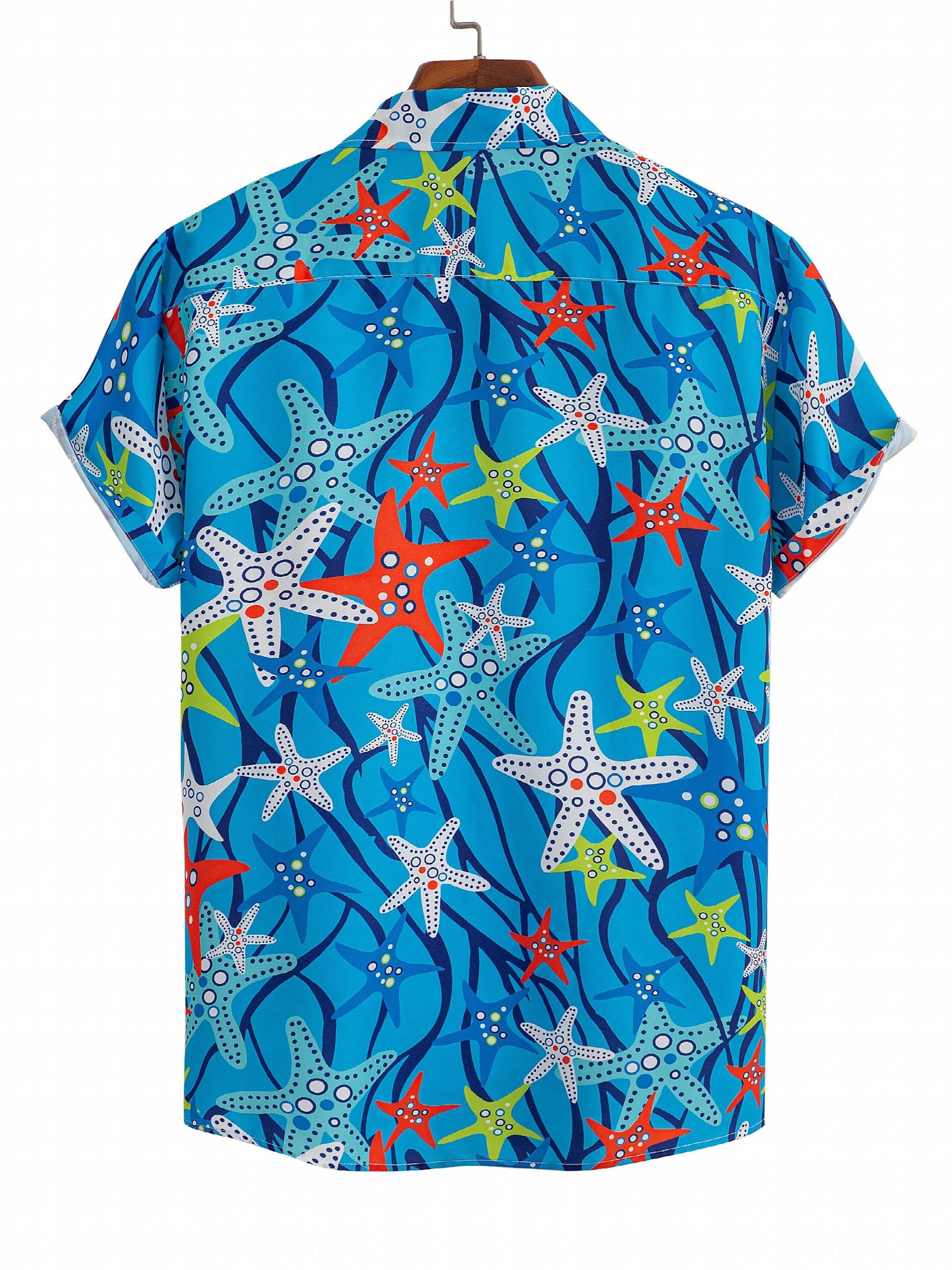Men's Starfish Print Button Up Shirt for Beach Summer