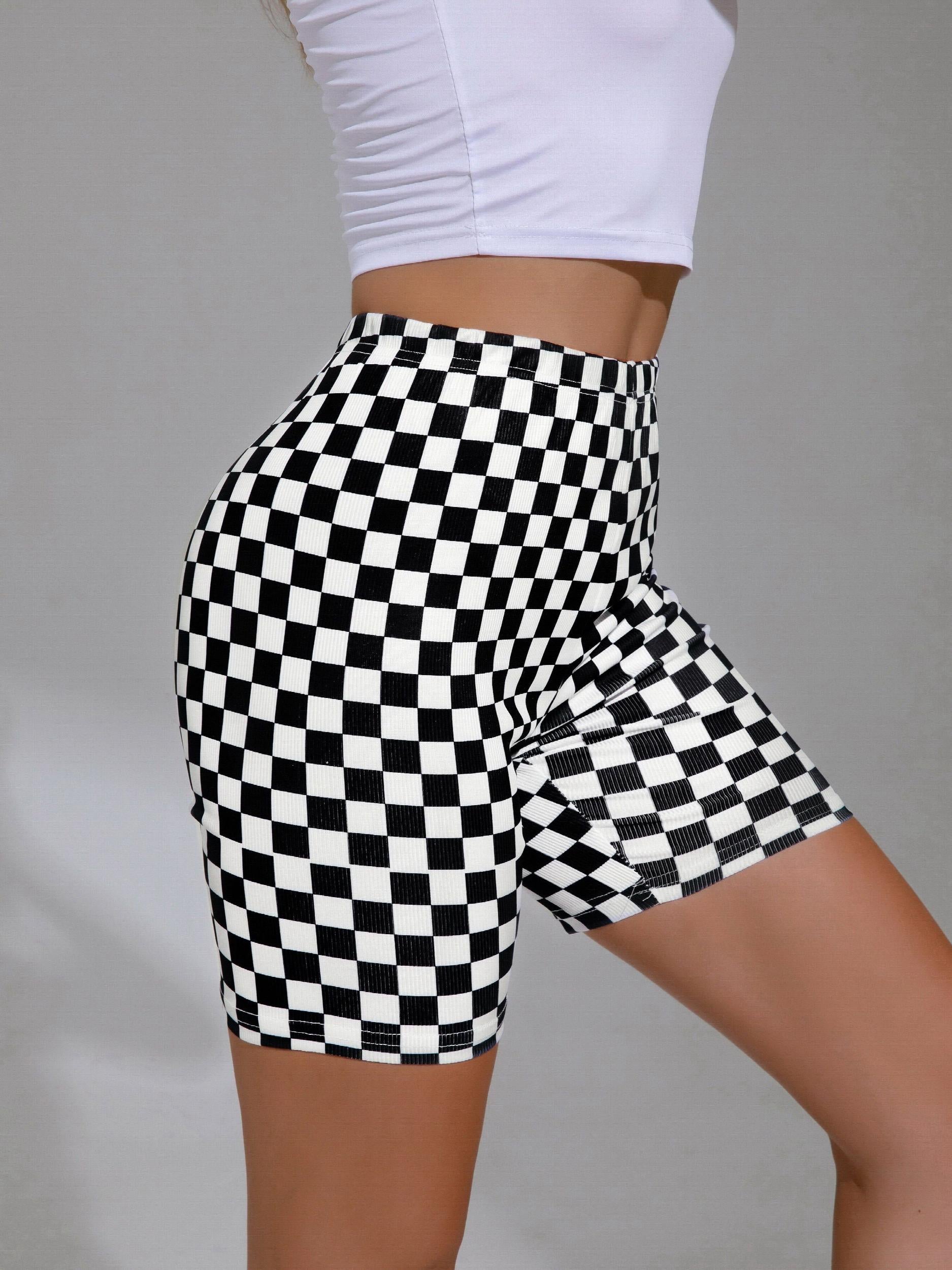 Women's Checkerboard Print Sports Shorts for Summer Running and Fitness