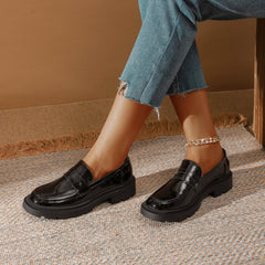 Women's Solid Flat Loafers Patent Leather Slip On Low Thick sole Shoes