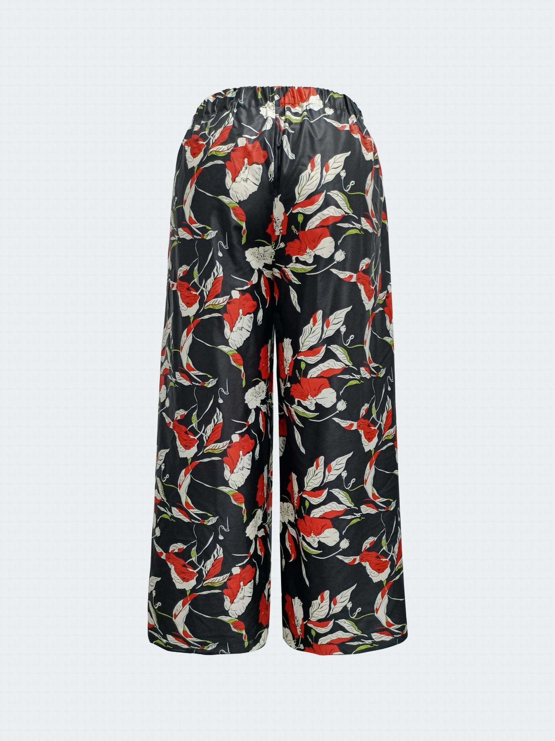 Floral Print Elastic Wide Leg Pants