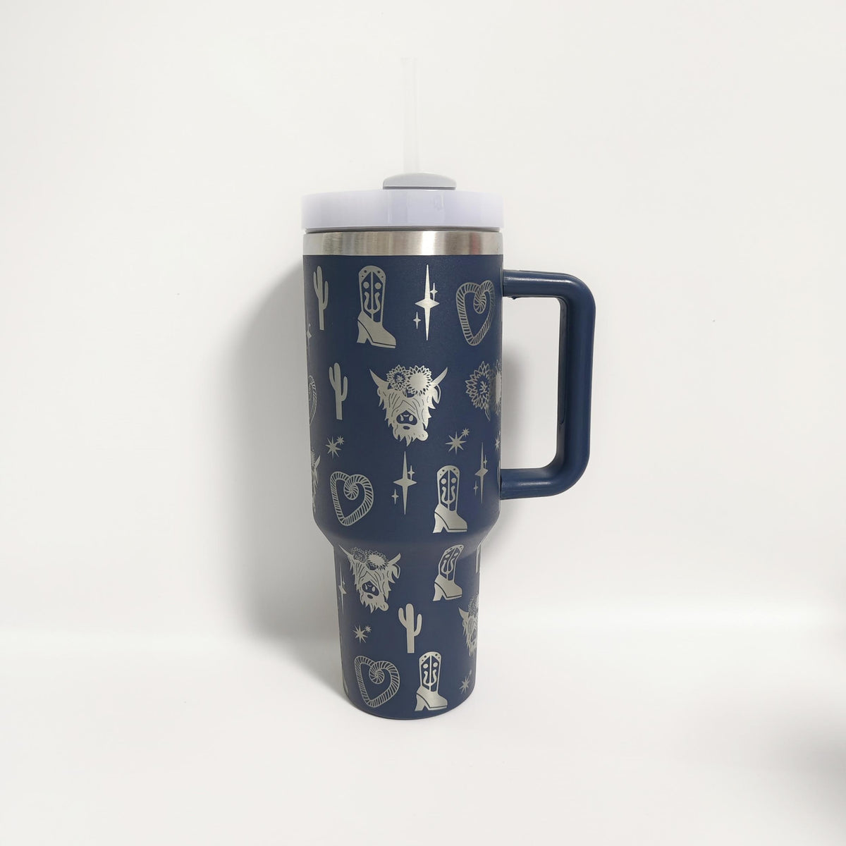 1200ml Stainless Steel Water Bottle Creative Pattern Large Capacity with Straw